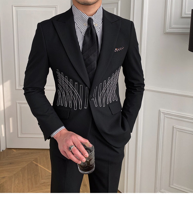 Embroidery Patterns Suit Two Piece Wedding Party Suit Groom Banquet Suit Slim