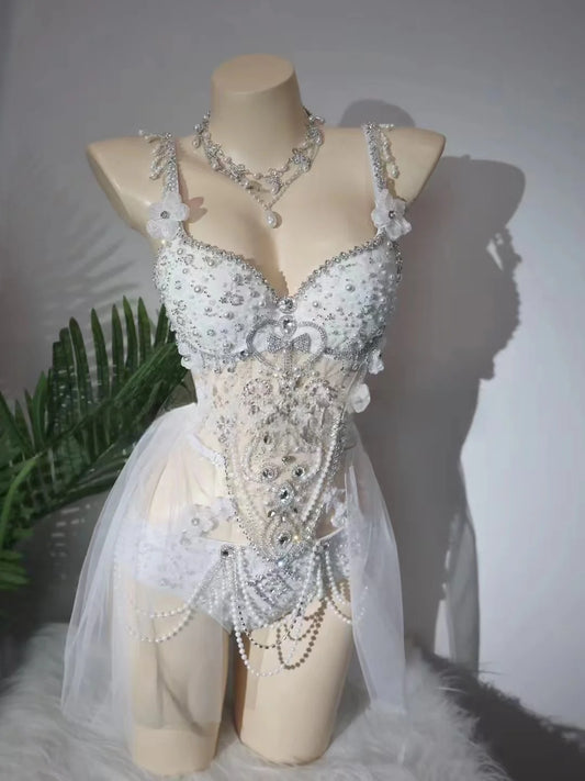 Robe bikini en maille avec nœud scintillant, diamant, fleur, perles, pompons, tenue de discothèque, bar, chanteuse, danse, scène, fête, bal