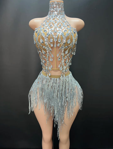 Robe à franges et strass brillants pour femmes, robe sexy en maille élastique, robe en cristal, costumes de scène pour chanteuse, robe de danse latine