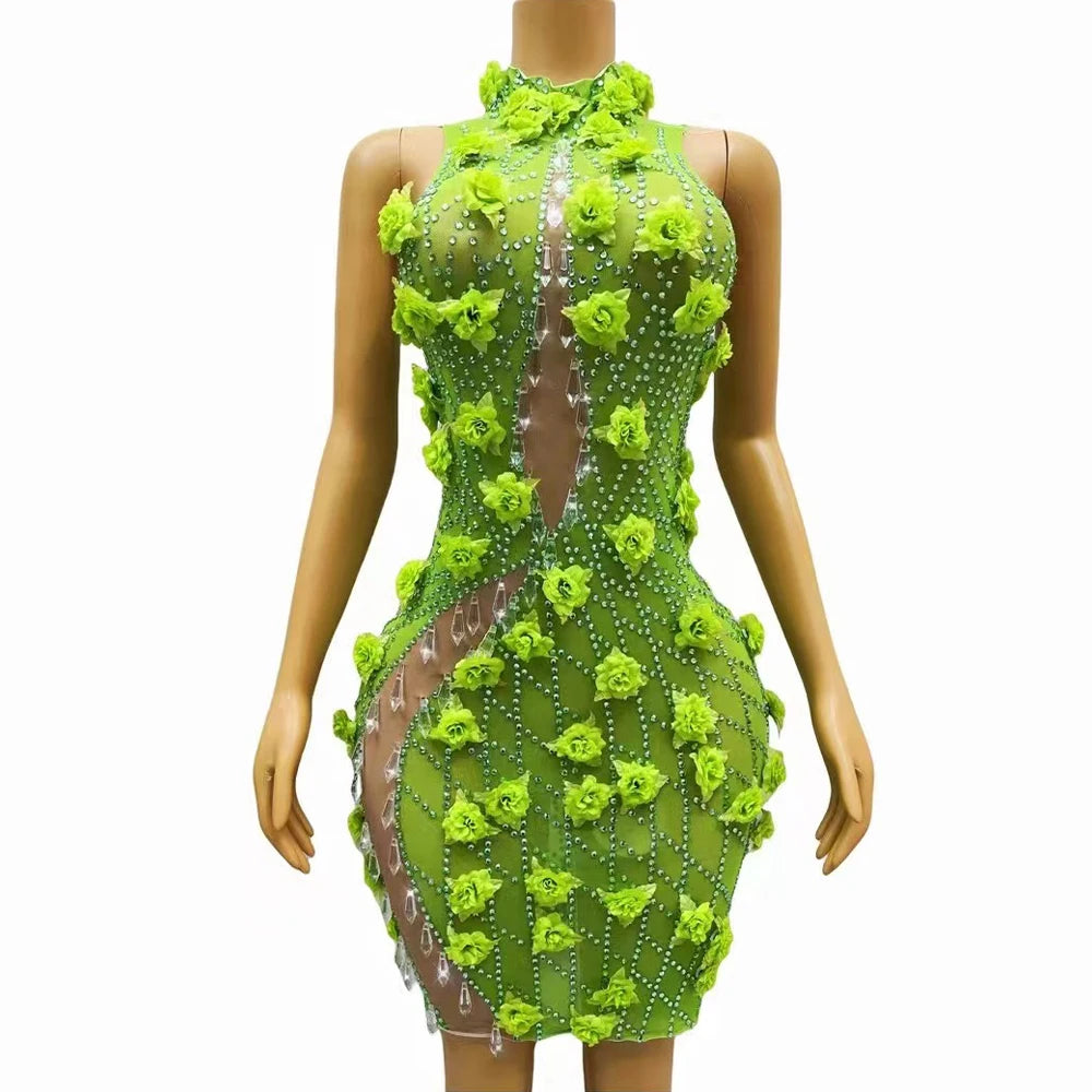 New Design Silver Green Flower Rhinestones Transparent Dress Birthday Celebrate Costume Dance Performance Photoshoot Outfit