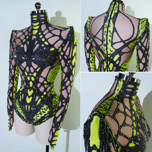 Sexy Stage Sparkly Rhinestones Bodysuit Green Dance Costume Party Bar Show Performance Drag Queen Outfit Cosplay Halloween Pole