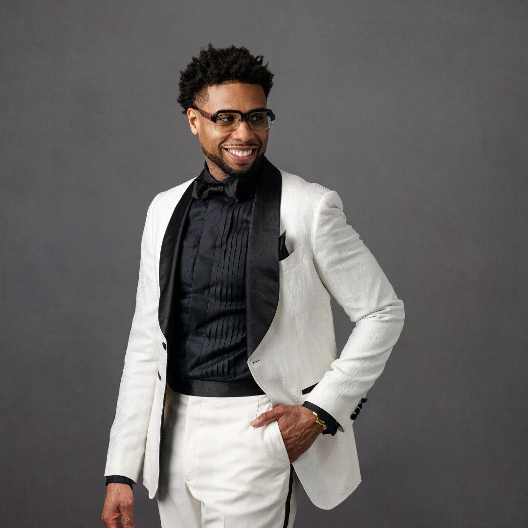 Traje de hombre Jacquard de 2 piezas, blazer y pantalón de un botón, negro, con solapa transparente, corte entallado, formal, para boda y novio. 