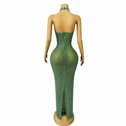 Sexy Blingbling Rhinestones Halterneck Gown V-neck Backless Dress Women Evening Prom Party Outfit Stage Photoshoot Costume