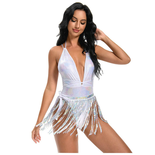 Conjunto de bikini sexy, traje de pole dance, mono de una pieza con espalda descubierta y borlas, pañuelo en la cadera, traje de fiesta rave en la playa, traje de bailarina Gogo blanco