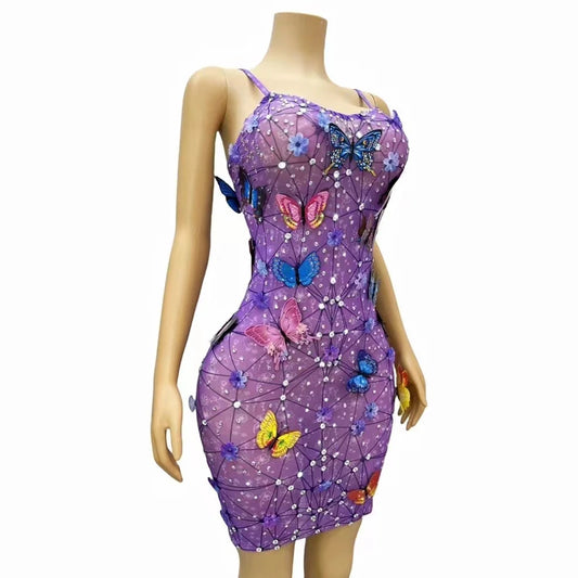 Purple Butterfly Rhinestones Dress Women Singer Jazz Dance Costume Stage Celebrate Party Outfits Festival Dresses