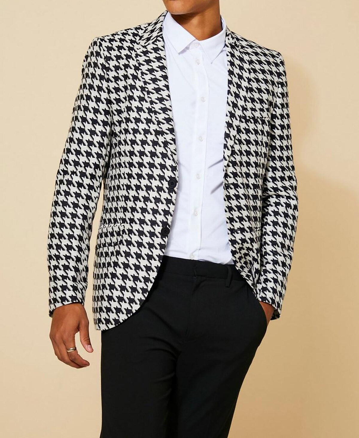 Esmoquin a cuadros blanco y negro para hombre, para novio, fiesta, graduación, abrigo de dos botones, traje de negocios, traje de una pieza 