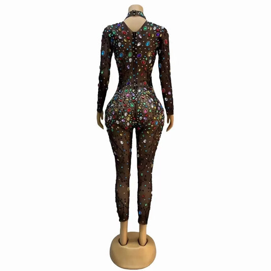 Sexy Stage Colorful Big Rhinestones Mesh Jumpsuit Evening Birthday Celebrate Bodysuit Nightclub Dance Performance Host Costume