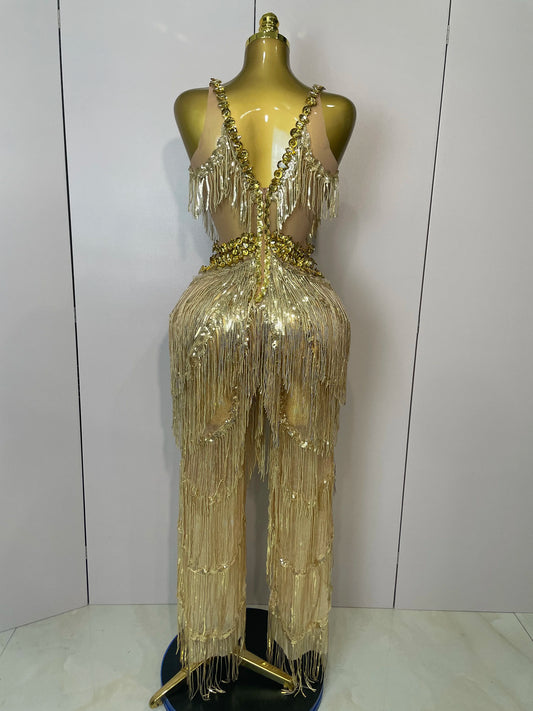 Combinaison à jambes larges et paillettes dorées brillantes pour femme, tenue de soirée sexy, de chanteur, de scène