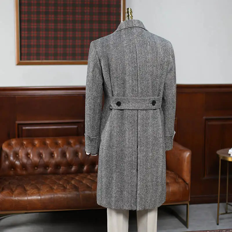 Classic Men Long Coat  Wool Blends Peaked Lapel Trench Coats Double Breasted Warm Jacket Plus Size Business Blazers Customized