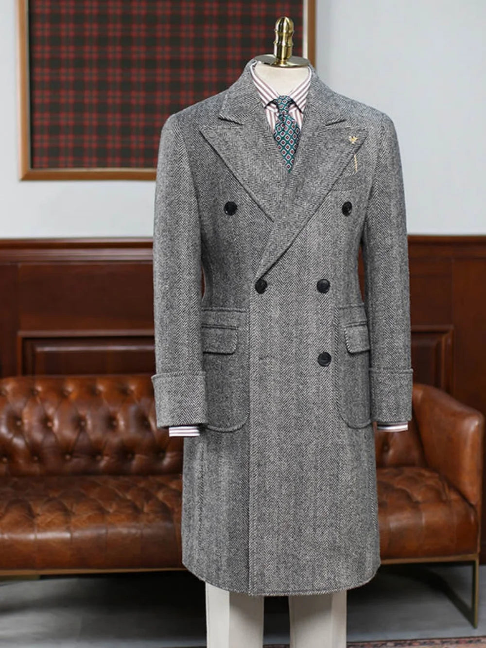 Classic Men Long Coat  Wool Blends Peaked Lapel Trench Coats Double Breasted Warm Jacket Plus Size Business Blazers Customized
