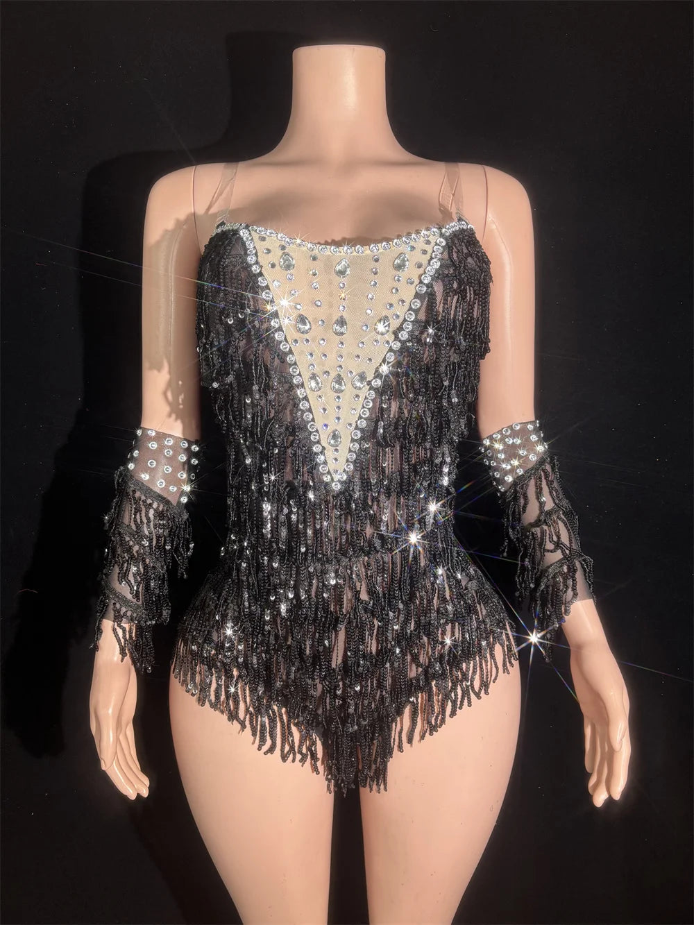 Women Sexy Mesh Black Skinny Bodysuit Transparent Tassel Rhinestones Sparkly Performance Dance Costume Nightclub Stage Wear