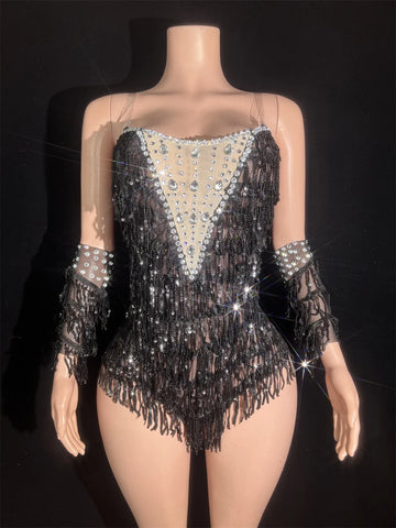 Women Sexy Mesh Black Skinny Bodysuit Transparent Tassel Rhinestones Sparkly Performance Dance Costume Nightclub Stage Wear