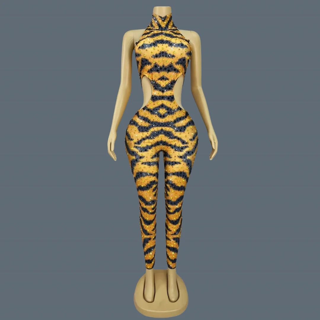 Sparkly Rhinestone Tiger Pattern Tight Fitting Jumpsuit Night Party Sexy Stage Performance Sleeveless Skinny Outfit