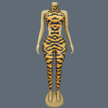 Sparkly Rhinestone Tiger Pattern Tight Fitting Jumpsuit Night Party Sexy Stage Performance Sleeveless Skinny Outfit