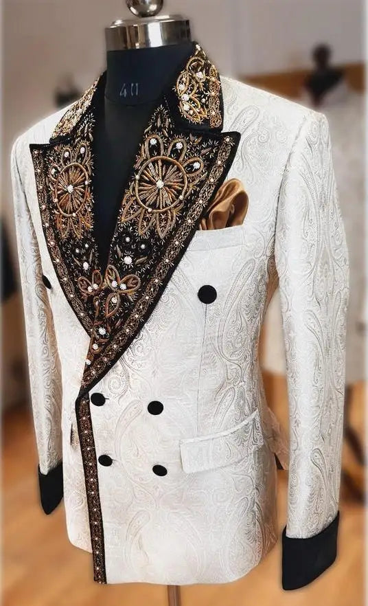 Fashion Appliques Men Suits Jacquard 1 Piece Tailor-Made Jacket Only One Blazer Embroidery Double Breasted Groom Customized Coat