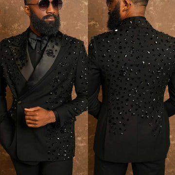 High Quality Diamond Men Suit Peaked Lapel Wedding Tuxedos 2 Pieces Sets Groom Male Blazers Slim Ropa Hombre Customized