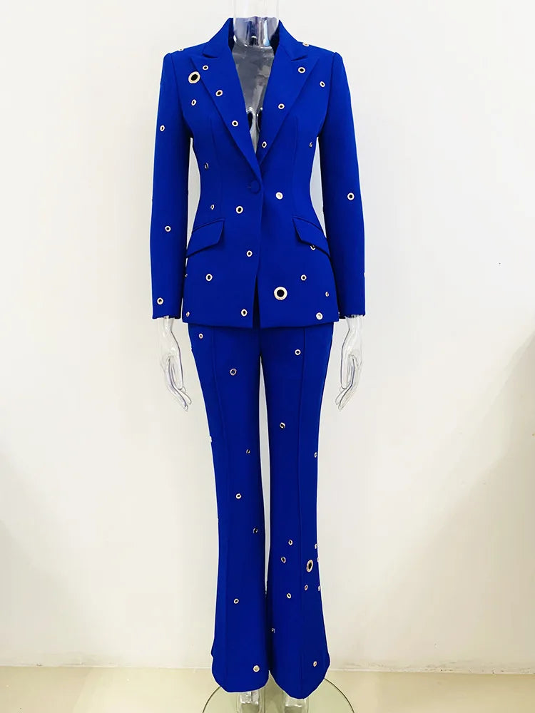 Runway Pantsuits for Women Designer Fashion White Suit Set Wedding Single Button Rivet Eyelet Lapel Blazer Pants Set 2pcs