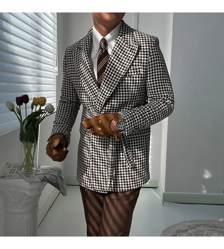 Houndstooth Woolen Blen Dplaid Retro Casual Men's Coat Slim Long Sleeve Belt Suit 2PC