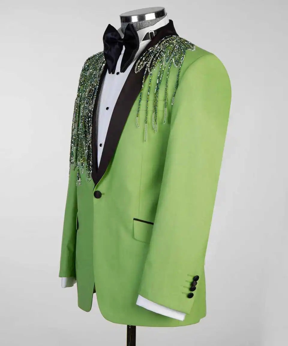 Unique Men's Suit Beading Shawl Lapel Blazer 2 Pieces Set Outfits Rhinestone Coat Prom Formal Occasion Customized Jacket Pants