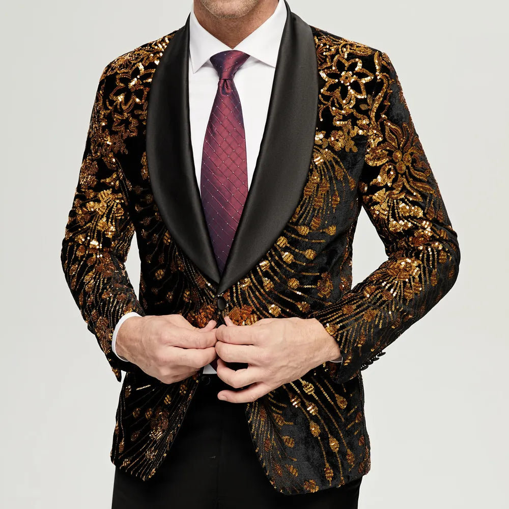 Blazer à paillettes dorées pour homme, coupe slim, un bouton, costume de soirée, mariage, scène 