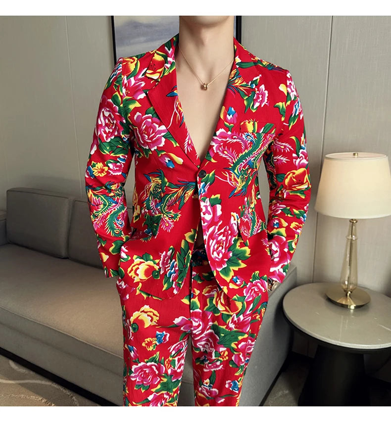 Traje de 2 piezas para hombre, estilo vintage, para fiesta, con estampado de flores grandes, estilo noreste de China, chaqueta y pantalones.