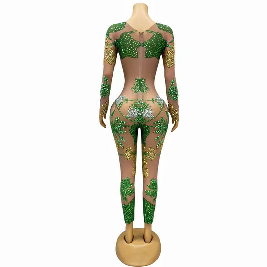 Gold Green Rhinestone Tight Jumpsuit Elastic Mesh Leotard Dance Costume Birthday Party Rompers Bar Singer Performance Stage Wear