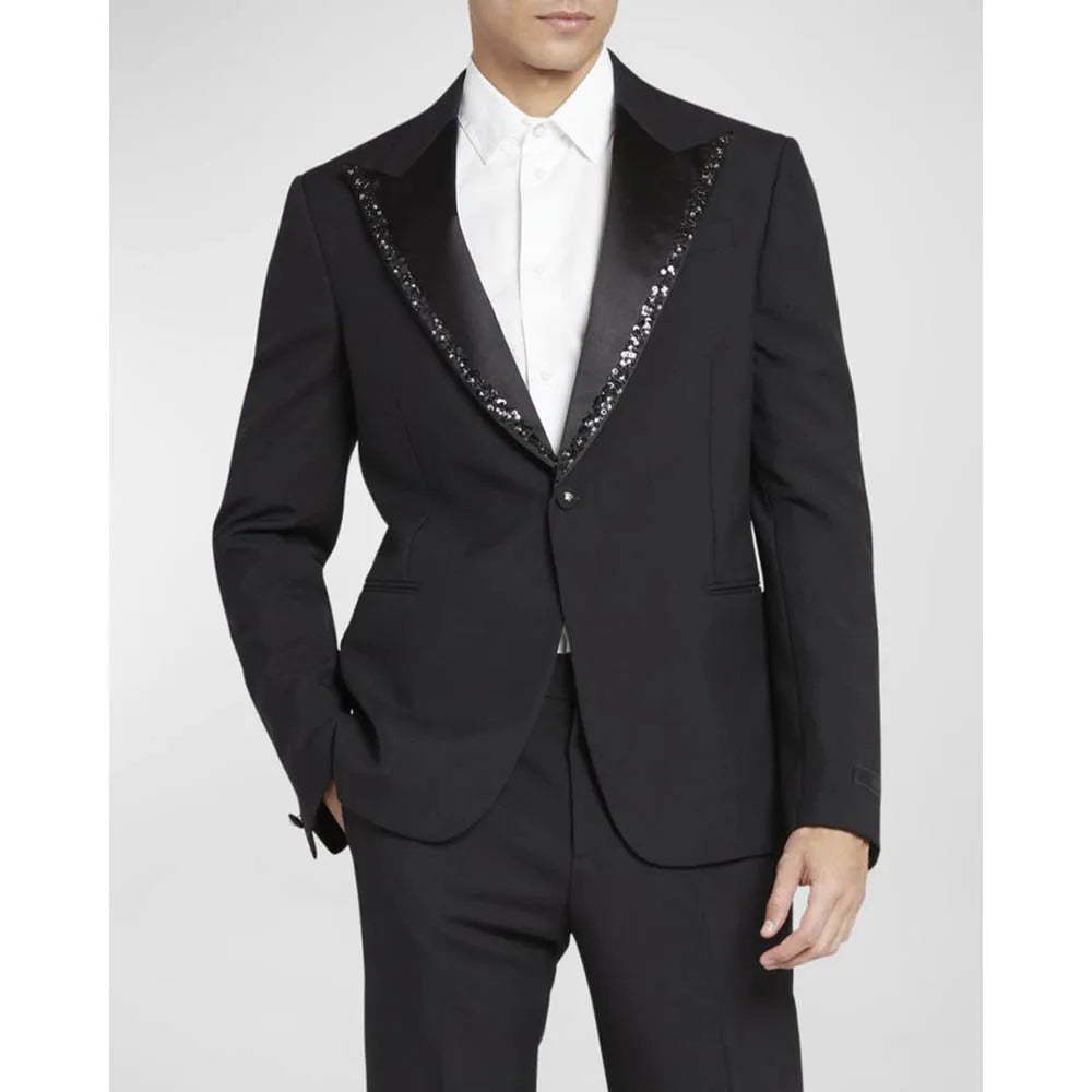 Elegante traje negro para hombre, con lentejuelas, solapa de pico, botonadura sencilla, formal, para boda, 2 piezas, chaqueta, pantalones, conjuntos completos, blazer de alta gama.
