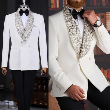 Classic Rhinestone Wedding Suits for Groom Shawl Lapel Double Breasted Tuxedos 2 Pcs Jacket Pants Party Prom Customized