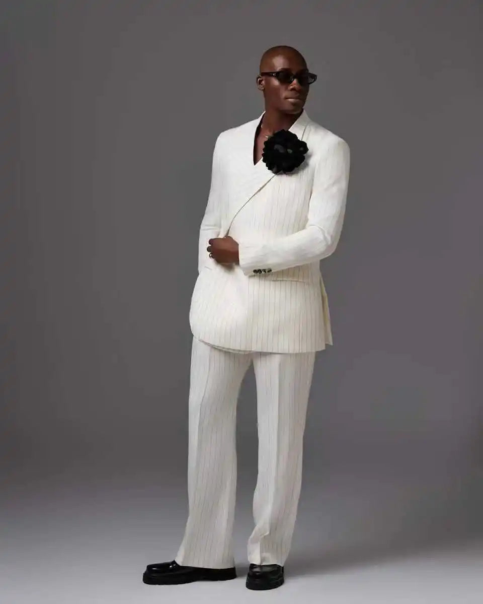 White Pinstripe Men Suit Set 2 Piece Blazer+Pant Trousers 3D Flower Customized Formal Office Jacket Wedding Tuxedos Coat