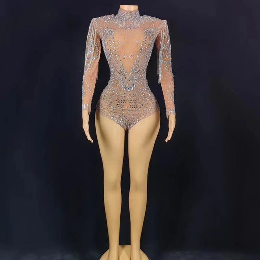 Justaucorps à manches longues et strass scintillants pour femme, tenue de danse sexy, tenue de scène, de discothèque 