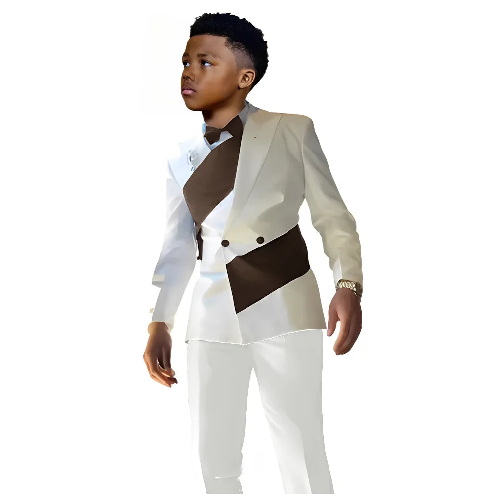 Satin Boys Suit 2 Pieces Set Double Breasted White Jacket with Pants Wedding Tuxedo Kids for 2-16 Years Old Boy Slim Fit Suit