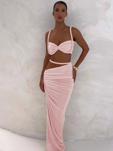 Ensemble 2 pièces à col carré pour femme, soutien-gorge et jupe longue moulante, bandage froncé, tenue tendance pour les vacances d'été, la plage et les fêtes