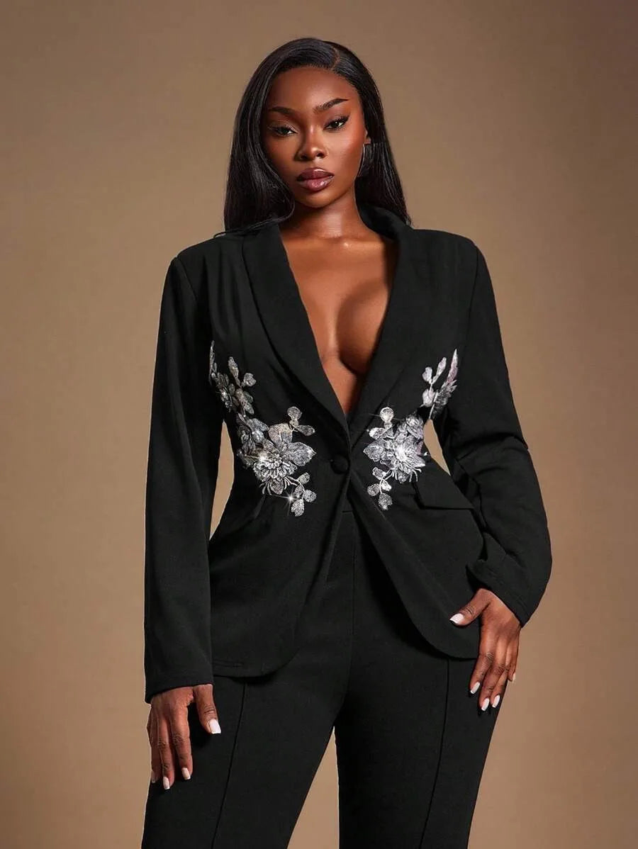 Slim Fit Women Blazer Sets 2 Pieces Flowers Appliques Wedding Tuxedos Prom Dressing Formal Guest Wear Pants