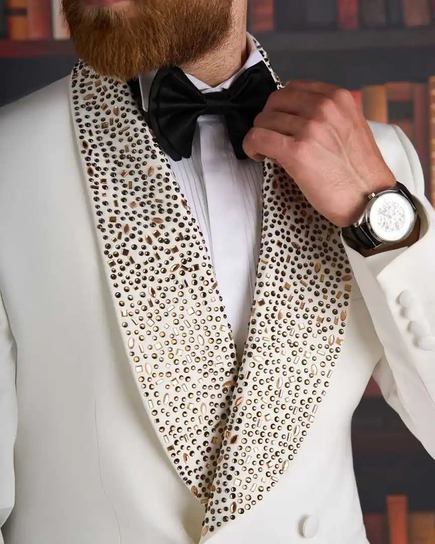 Classic Rhinestone Wedding Suits for Groom Shawl Lapel Double Breasted Tuxedos 2 Pcs Jacket Pants Party Prom Customized