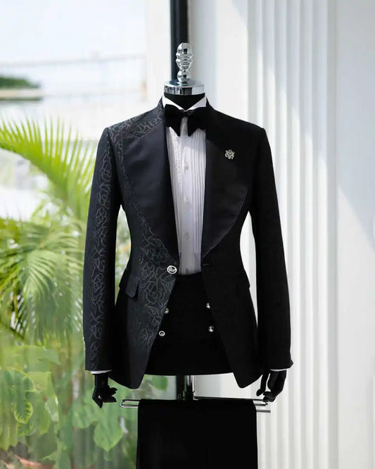 Vintage Jacquard Wedding Suits for Groom Peaked Lapel Single Breasted Tuxedos 2 Pcs Jacket Pants Evening Party Prom Customized