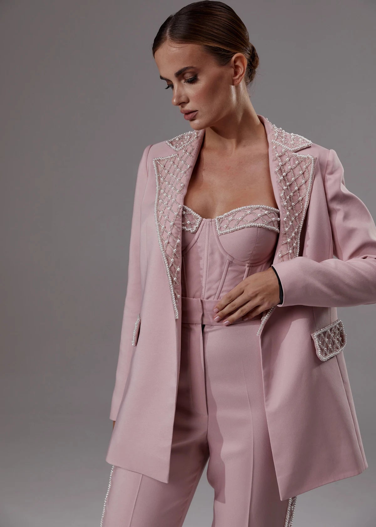 Elegant Pearl Beaded Blazer Set for Women - 3 Piece Custom Tailored Outfit for Party, Prom, and Wedding Events