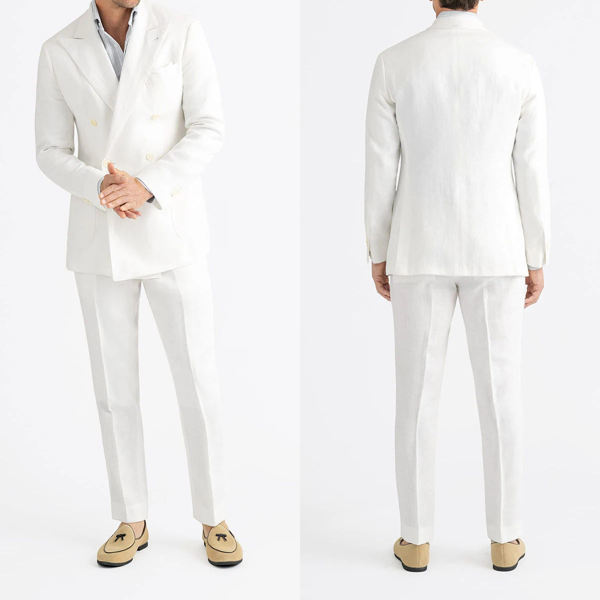 Men Suits Casual Peaked Lapel Linen Summer Beach Tailor-Made 2 Pieces Set Jacket Double Breasted Blazer Customized Coat Pants
