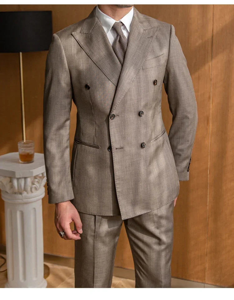 Costume croisé marron pour homme, coupe ajustée, revers en pointe, tenue d'affaires