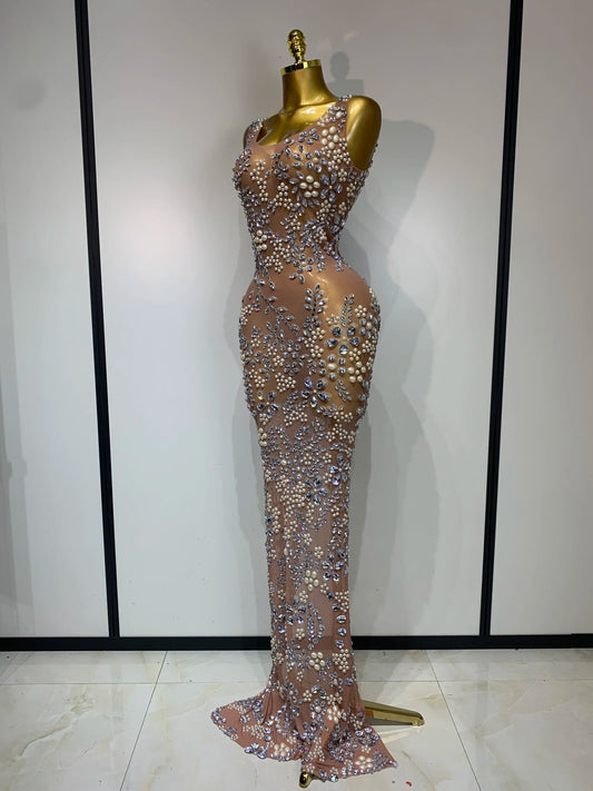 Women Lxury Diamonds Mesh See Through Long Dress Celebrity Elegant Evening Party Fancy Club Dress Singer Performance Costume