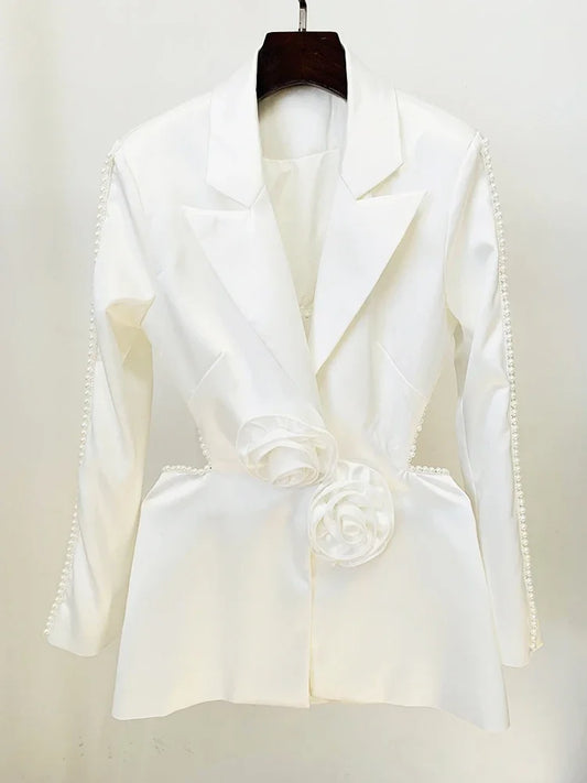 Designer Runway Fashion Women's Hollow Out Flowers Appliques Pearls Beaded Blazer Gauze Pants