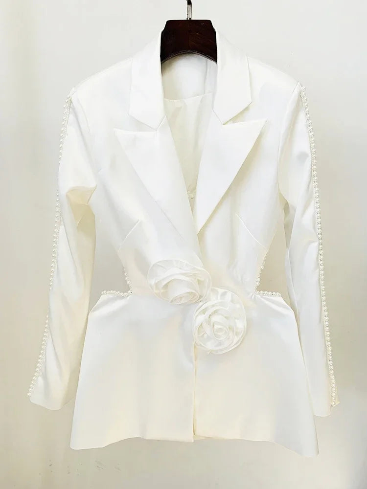 Designer Runway Fashion Women's Hollow Out Flowers Appliques Pearls Beaded Blazer Gauze Pants