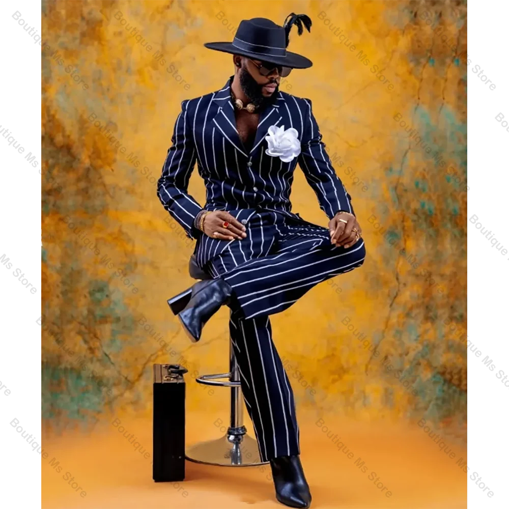 Fashion Navy Blue Stripe Single Breasted Men Suit Two Pieces(Jacket+Pants) Outfits Casual Party Prom Wedding Set