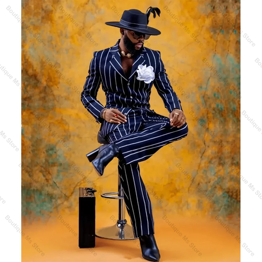 Fashion Navy Blue Stripe Single Breasted Men Suit Two Pieces(Jacket+Pants) Outfits Casual Party Prom Wedding Set
