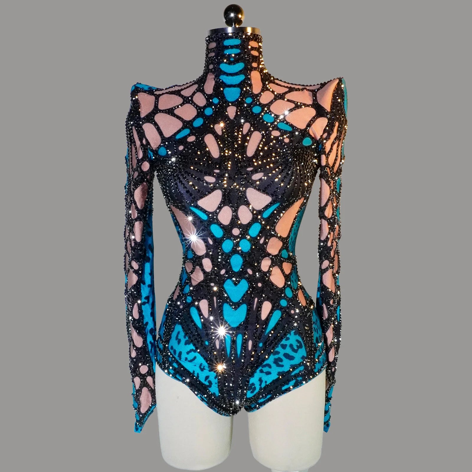 Blue Green Style Blocked Turtleneck Long Sleeve Rhinestone Sexy Jumpsuit Costume Party Bar Show Performance Drag Queen Outfit