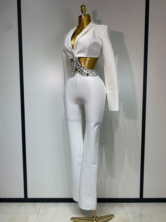 Women Sexy Long Sleeve Beading Bodycon Two Pieces Pants Bandage Set Celebrity Designer Fashion Women's Luxury Birthday Set