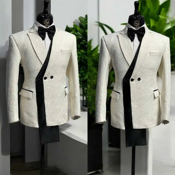 Elegant Men Suits Jacquard Cotton 1 Pieces Set Jacket Peaked Lapel Wedding Tuxedos Business Customized Groom Wear  Suit