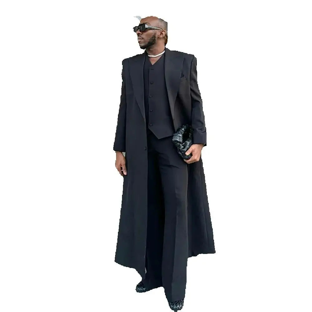 Black Long Coat Men Suit Single-breasted Peak Lapel 3 Pieces(Jacket+Pants+Vest) Male Formal Wedding Party Set