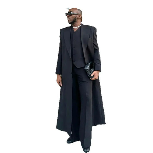Black Long Coat Men Suit Single-breasted Peak Lapel 3 Pieces(Jacket+Pants+Vest) Male Formal Wedding Party Set