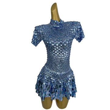 Sparkly Blue Sequin Short Dress Women Birthday Celebrate Outfit Bar Dance Costume Prom Party Dresses Singer Stage Wear
