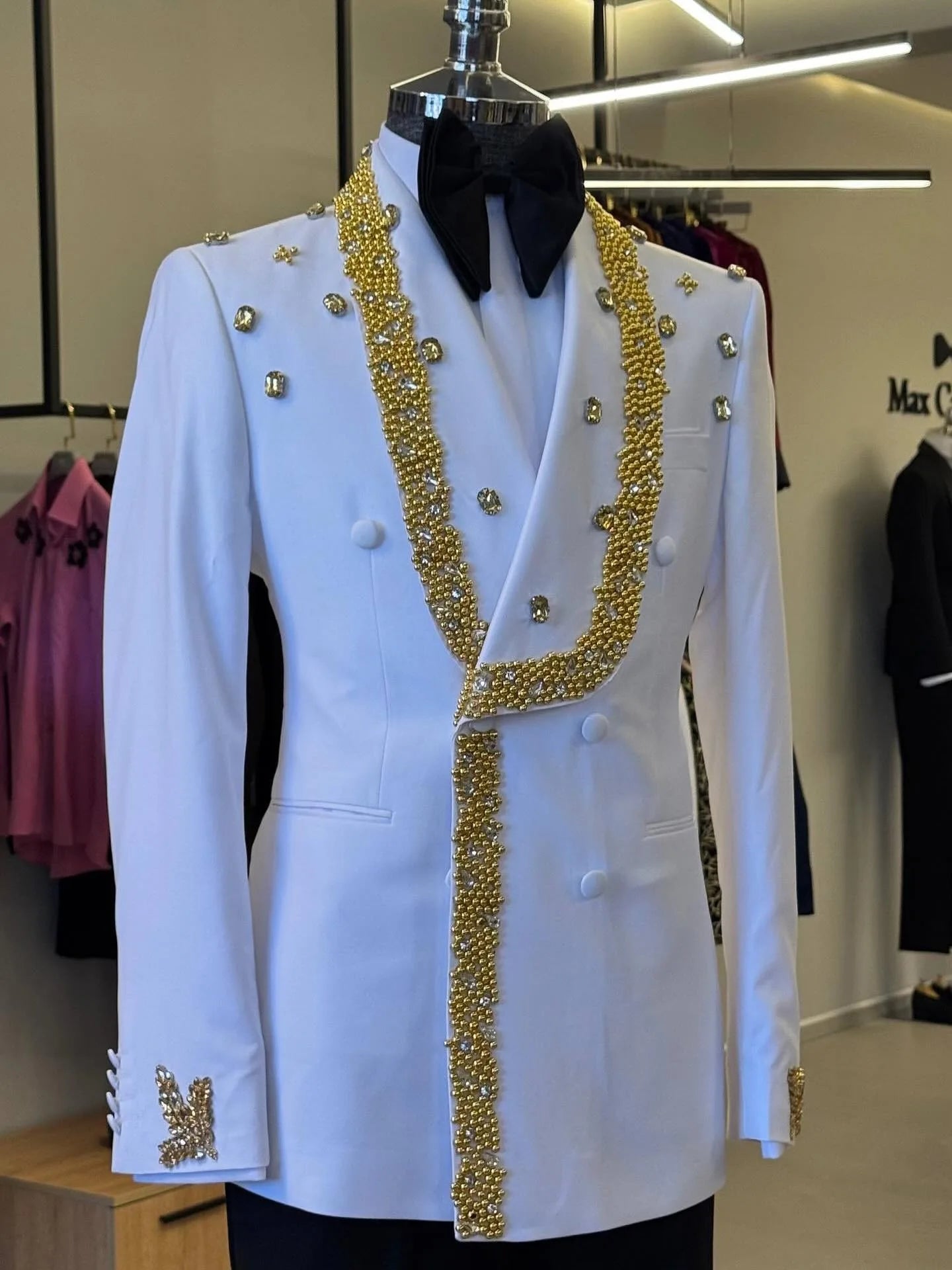 Fashion Men's Suits Beading Crystal Tailor-Made Jacket 2 Pieces Set Blazer Double Breasted Groom Customized Coat Black Pants